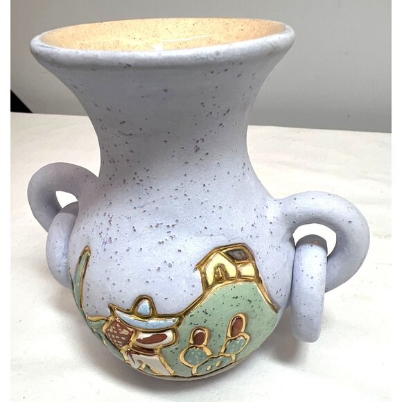 Vintage Handmade Ceramic Vase With Southwestern Design Dual Handles & Speckled F - Picture 2 of 3